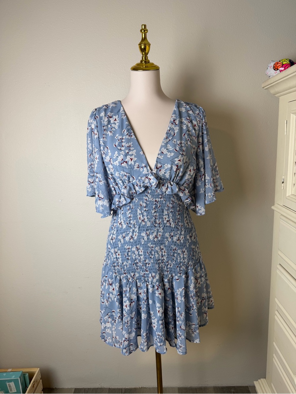 She and Sky Blue Floral V-Neck Smocked Mini Dress